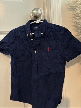 Polo by Ralph Lauren Navy Short-Sleeve Seersucker Button-Down with Red Pony